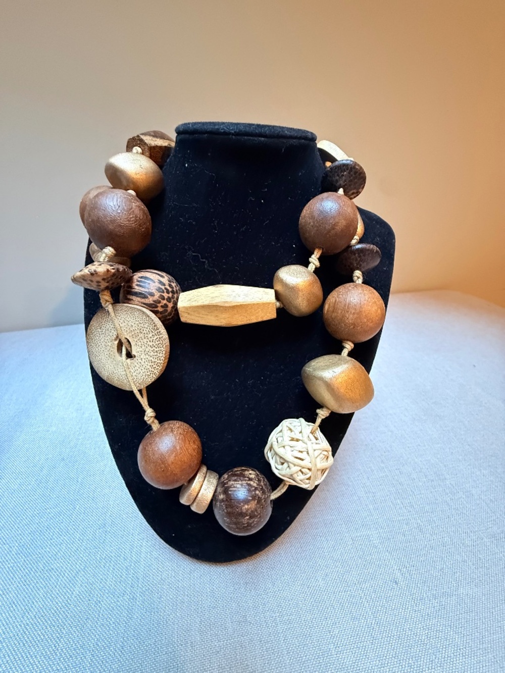 Long Chunky Wood Beaded Statement Necklace